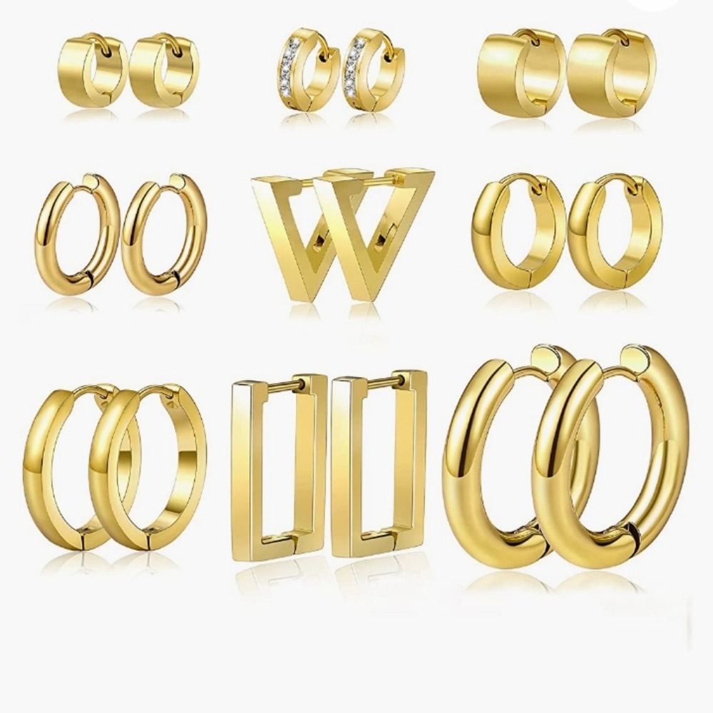 Chunky Gold Tone TrendyvLightweight Earrings Set of 9 NWT